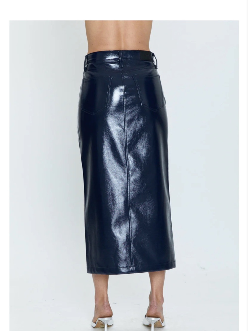 Vegan Leather Midi Skirt with Front Slit - Navy - Picture 4 of 9